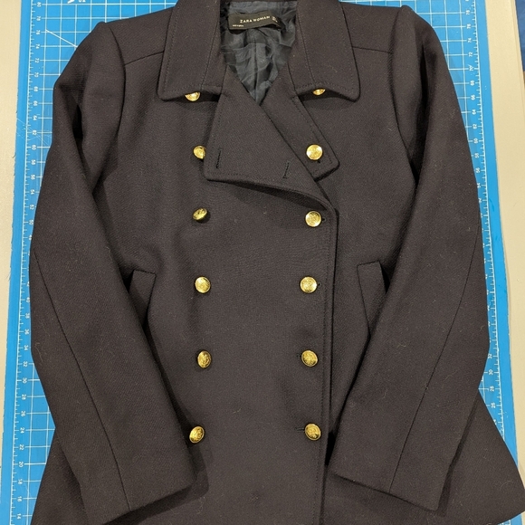 Zara Military Jacket with Gold Buttons Fitted Wool Navy Pea Coat Size Large - Picture 4 of 17